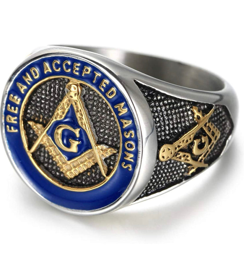 Men's Stainless Steel Masonic Freeman Ring Gold & Blue